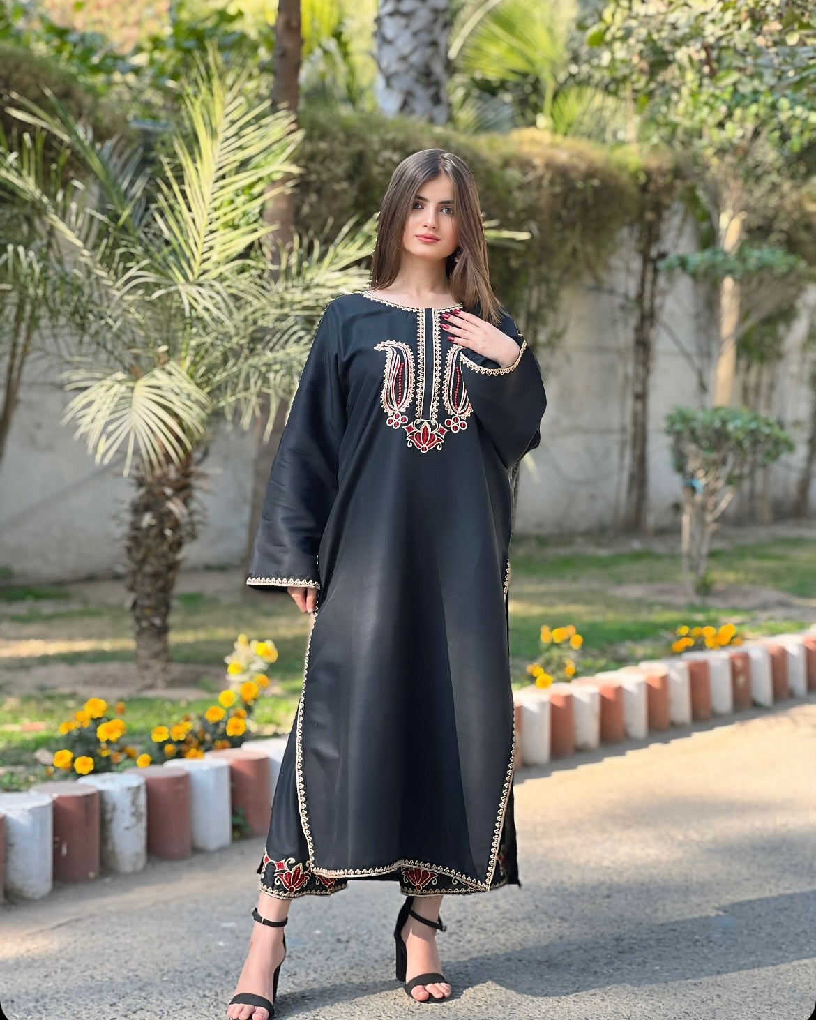 2Pc Black Rose Embroidery Long Length Stiched
