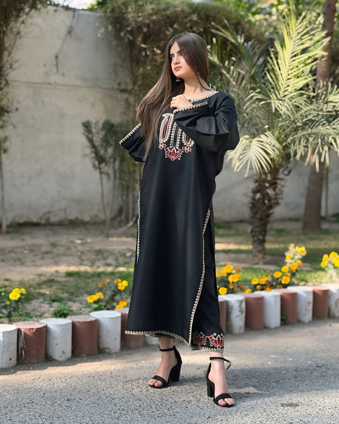 2Pc Black Rose Embroidery Long Length Stiched