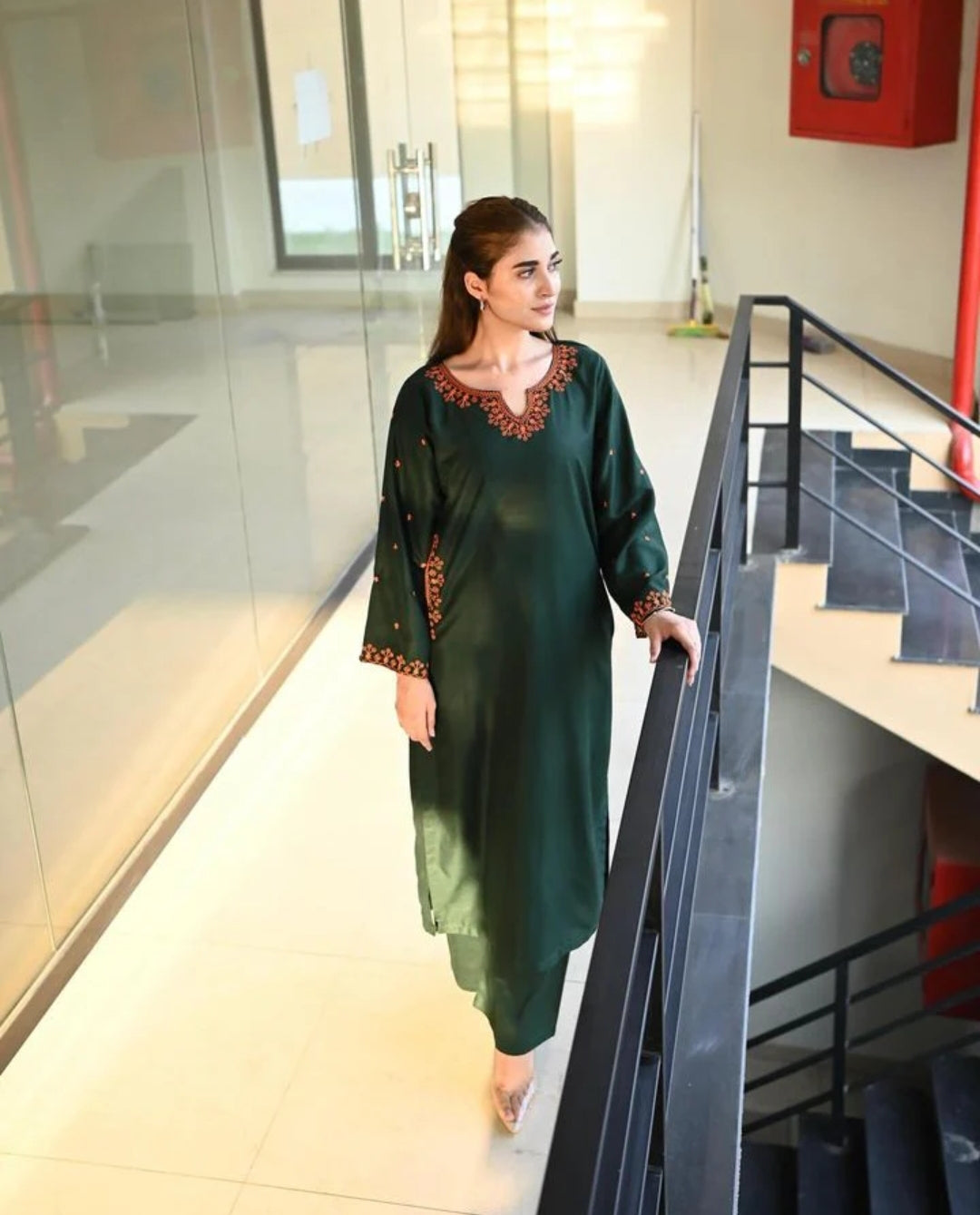 2pc Dark Green Embroidery Premium Lilen Stiched