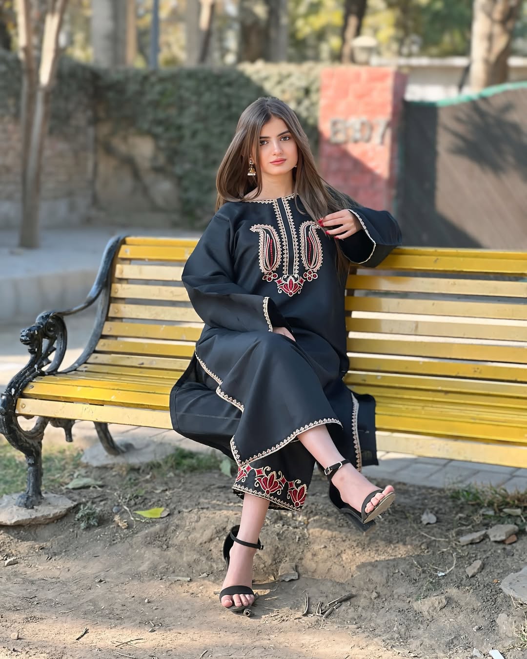 2Pc Black Rose Embroidery Long Length Stiched