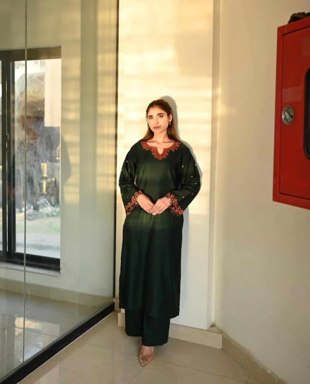 2pc Dark Green Embroidery Premium Lilen Stiched
